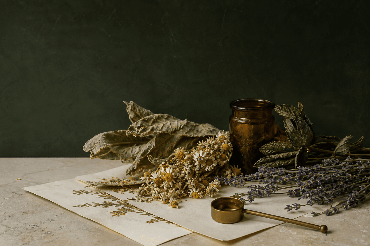 Dried mullein, chamomile, lavender, and peppermint arranged beside an amber apothecary jar